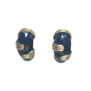 Vintage Navy Blue Enamel Cuffs Domed Stud Earrings Gold Tone Clip On
